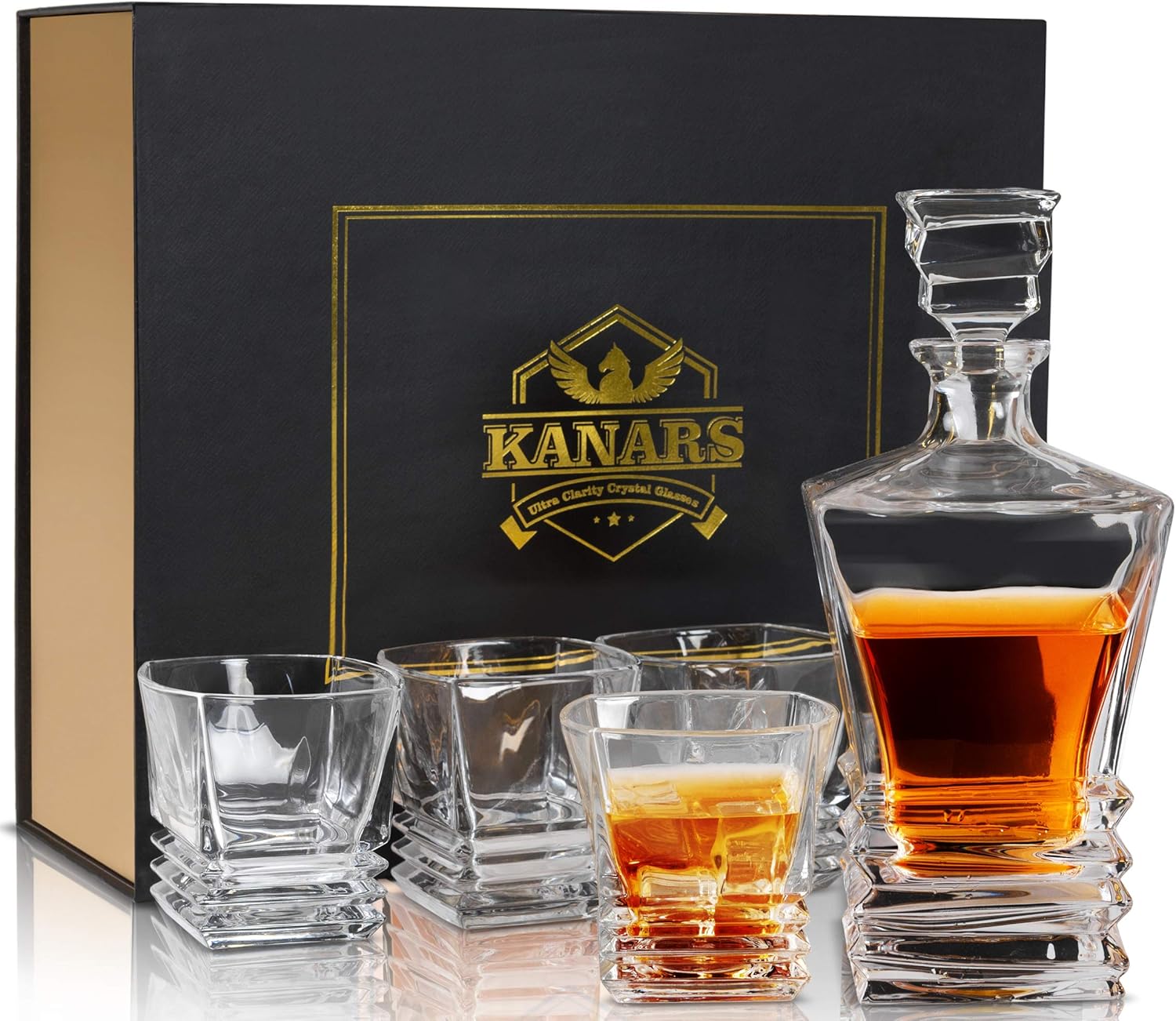 KANARS Crafted Crystal Decanter With 4 Lowball Glasses for Whiskey